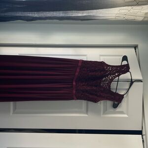 Burgandy long david’s bridal dress